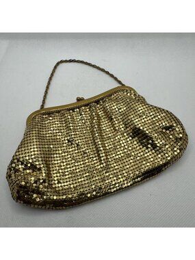 Whiting & Davis Gold Metal Mesh Clutch Evening Bag w/Snap Closure Chain Handle